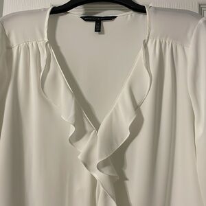 White House Black Market Beautiful Winter White Ruffled Wrap Blouse, NWOT
